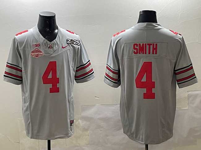 Men%27s Ohio State Buckeyes #4 Jeremiah Smith Grey 2025 CFP Final With National Champions Patch F.U.S.E. Vapor Limited Stitched Football Jersey